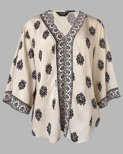 Floral Print V Neck Long Sleeve Blouse Casual Loose Fit Top Apricot