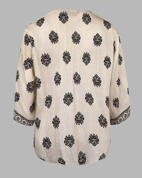 Floral Print V Neck Long Sleeve Blouse Casual Loose Fit Top Apricot