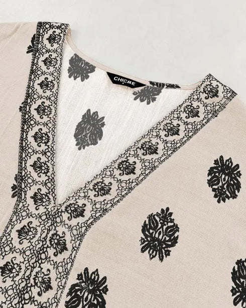 Floral Print V Neck Long Sleeve Blouse Casual Loose Fit Top Apricot