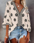 Floral Print V Neck Long Sleeve Blouse Casual Loose Fit Top Apricot