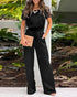 Contrast Lace Round Neck Short Sleeve Jumpsuit Casual Strechy Waist Pocket Design Romper black