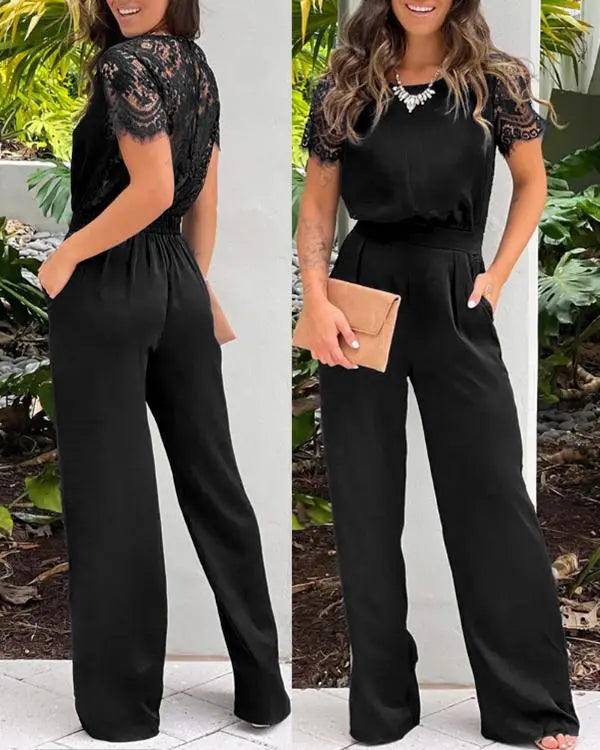 Contrast Lace Round Neck Short Sleeve Jumpsuit Casual Strechy Waist Pocket Design Romper black