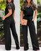 Contrast Lace Round Neck Short Sleeve Jumpsuit Casual Strechy Waist Pocket Design Romper black