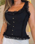 Contrast Lace Sleeveless Square Neck Crop Tank Casual Frill Hem Metal Button Decor Ribbed Knit Top black