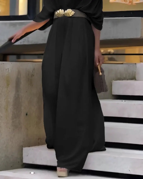 Deep V-Neck Ruched Three Quarters Sleeve Backless Overalls Casual Waist-Gathered Tied Detail Jumpsuit without Belt black