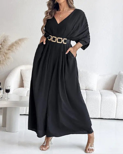 Deep V-Neck Ruched Three Quarters Sleeve Backless Overalls Casual Waist-Gathered Tied Detail Jumpsuit without Belt black