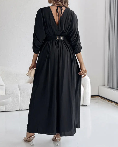 Deep V-Neck Ruched Three Quarters Sleeve Backless Overalls Casual Waist-Gathered Tied Detail Jumpsuit without Belt black