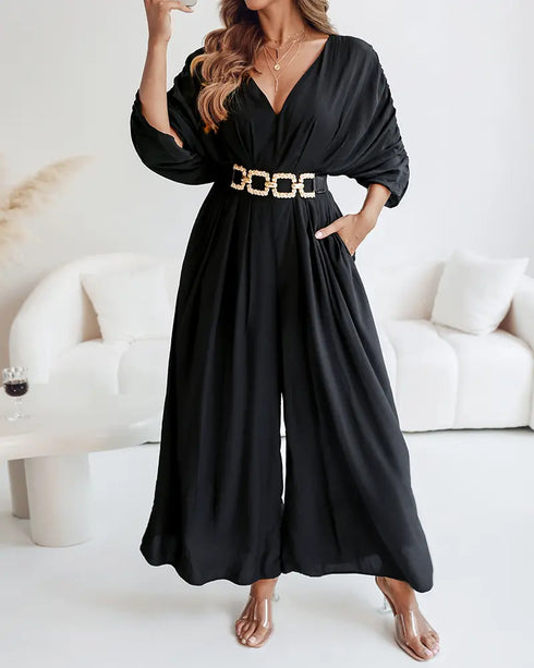 Deep V-Neck Ruched Three Quarters Sleeve Backless Overalls Casual Waist-Gathered Tied Detail Jumpsuit without Belt black