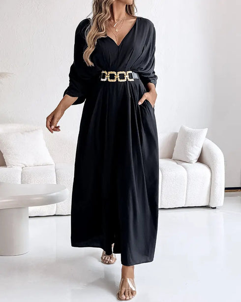 Deep V-Neck Ruched Three Quarters Sleeve Backless Overalls Casual Waist-Gathered Tied Detail Jumpsuit without Belt black