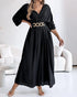 Deep V-Neck Ruched Three Quarters Sleeve Backless Overalls Casual Waist-Gathered Tied Detail Jumpsuit without Belt black