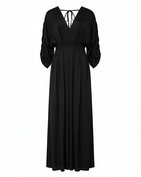 Deep V-Neck Ruched Three Quarters Sleeve Backless Overalls Casual Waist-Gathered Tied Detail Jumpsuit without Belt black