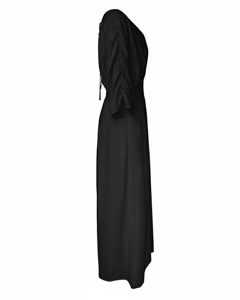 Deep V-Neck Ruched Three Quarters Sleeve Backless Overalls Casual Waist-Gathered Tied Detail Jumpsuit without Belt black