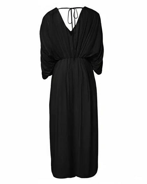 Deep V-Neck Ruched Three Quarters Sleeve Backless Overalls Casual Waist-Gathered Tied Detail Jumpsuit without Belt black