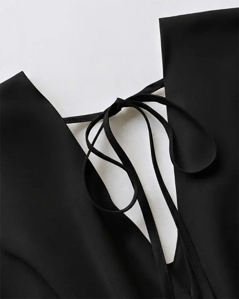 Deep V-Neck Ruched Three Quarters Sleeve Backless Overalls Casual Waist-Gathered Tied Detail Jumpsuit without Belt black