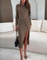 Long Sleeve Ruched Waist Metal Button Decor Bodycon Dress Casual Slit Slim Fit Midi Dress brown