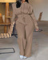 2 Pieces Outfit Long Sleeve Crop Drawstring Hoodie Sweatshirt with Thumb Hole Cuffs and Casual Drawstring Elastic Waist Wide Leg Sweatpants Set brown