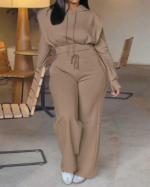 2 Pieces Outfit 3D Design Crop Drawstring Hoodie Top and Drawstring Elastic Waist Wide Leg Sweatpants Set Casual Rhinestone Letter Pattern Sweatshirt Set brown