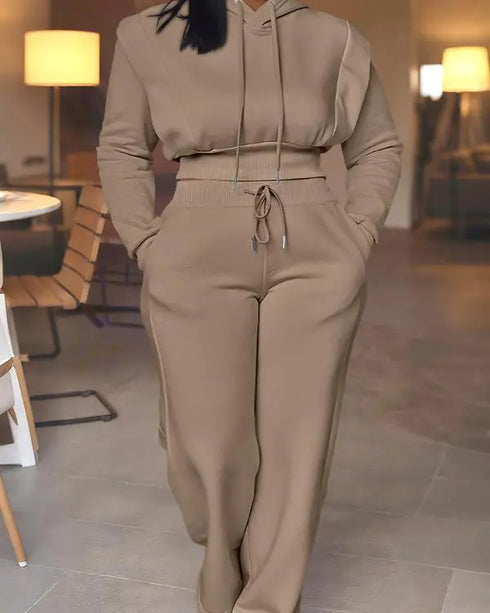 2 Pieces Outfit 3D Design Crop Drawstring Hoodie Top and Drawstring Elastic Waist Wide Leg Sweatpants Set Casual Rhinestone Letter Pattern Sweatshirt Set brown