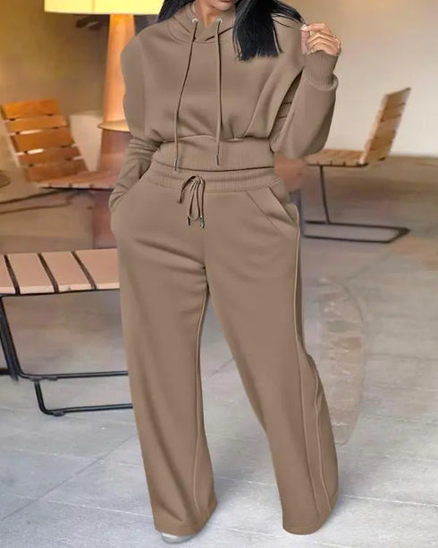 2 Pieces Outfit 3D Design Crop Drawstring Hoodie Top and Drawstring Elastic Waist Wide Leg Sweatpants Set Casual Rhinestone Letter Pattern Sweatshirt Set brown