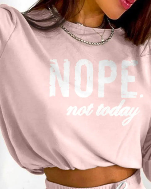 2 Pieces Outfit NOPE. not today Slogan Print Long Sleeve Stretchy Hem Crop Top and Casual Contrast Paneled Drawstring Elastic Waist Slit Back Skirt Set pink