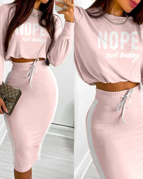 2 Pieces Outfit NOPE. not today Slogan Print Long Sleeve Stretchy Hem Crop Top and Casual Contrast Paneled Drawstring Elastic Waist Slit Back Skirt Set pink