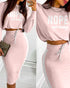 2 Pieces Outfit NOPE. not today Slogan Print Long Sleeve Stretchy Hem Crop Top and Casual Contrast Paneled Drawstring Elastic Waist Slit Back Skirt Set pink