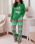 2 Pieces Outfit Cherry Print Round Neck Drop Shoulder Top and Elastic Waist Pants Set Casual Ribbed Flannel Pajamas Set green