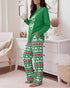 2 Pieces Outfit Letter Placement Print Long Sleeve Drop Shoulder Top and Ombre Loose Fit Pants Set Casual Pajamas Set green