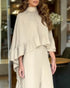 2 Pieces Outfit High Neck Hollow-out Back Ruffles High-Low Hem Cape and Casual Elastic Back Waist Wide Leg Pants Set Apricot