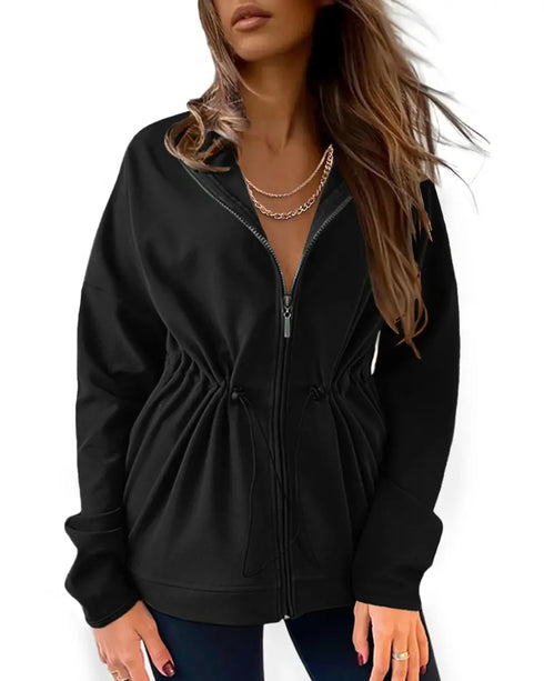 Long Sleeve Waist Drawstring Hooded Coat Casual Loose Fit Cardigan Jacket with Pockets black