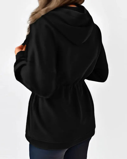 Long Sleeve Waist Drawstring Hooded Coat Casual Loose Fit Cardigan Jacket with Pockets black