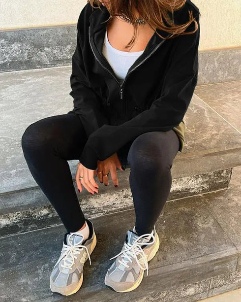 Long Sleeve Waist Drawstring Hooded Coat Casual Loose Fit Cardigan Jacket with Pockets black