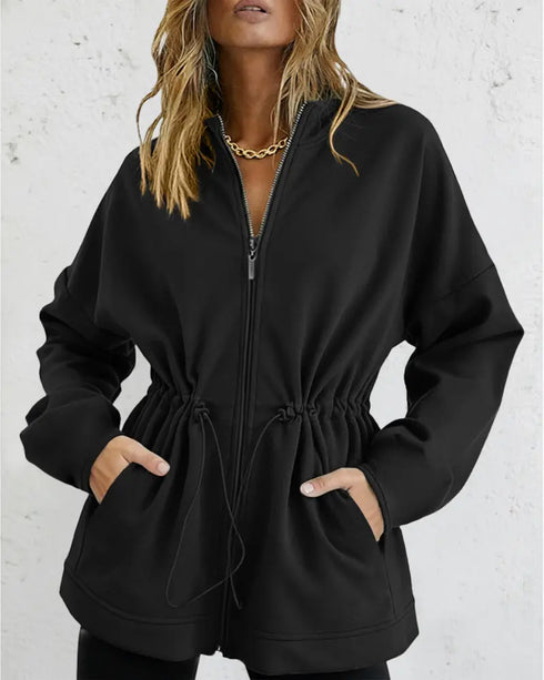 Long Sleeve Waist Drawstring Hooded Coat Casual Loose Fit Cardigan Jacket with Pockets black
