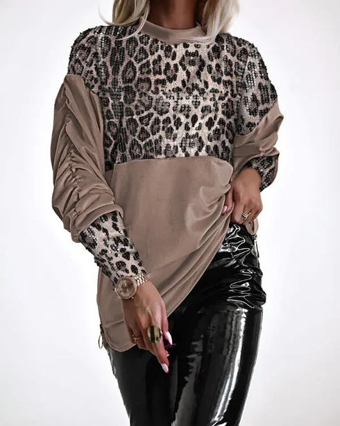 Velvet Contrast Leopard Sequin Patch Crewneck Sweatshirt Ruched Long Sleeve Zipper Slit Pullover Top Light Coffee