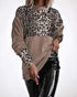 Velvet Contrast Leopard Sequin Patch Crewneck Sweatshirt Ruched Long Sleeve Zipper Slit Pullover Top Light Coffee
