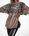 Velvet Contrast Leopard Sequin Patch Crewneck Sweatshirt Ruched Long Sleeve Zipper Slit Pullover Top Light Coffee