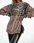 Velvet Contrast Leopard Sequin Patch Crewneck Sweatshirt Ruched Long Sleeve Zipper Slit Pullover Top Light Coffee