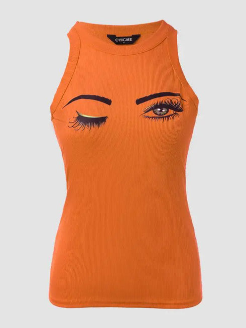 Eyelash Print Casual Tank Top orange
