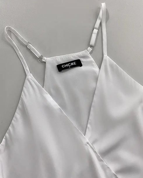 Jacquard Polka Dot Webbing Patch Criss Cross Tank Casual Loose Fit Sleeveless Top white