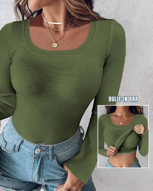 ChicMe Built-in Bra U-Neck Long Sleeve Ribbed Top Army green