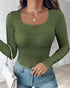 ChicMe Built-in Bra U-Neck Long Sleeve Ribbed Top Army green