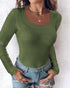 ChicMe Built-in Bra U-Neck Long Sleeve Ribbed Top Army green