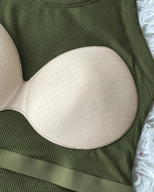 ChicMe Built-in Bra U-Neck Long Sleeve Ribbed Top Army green