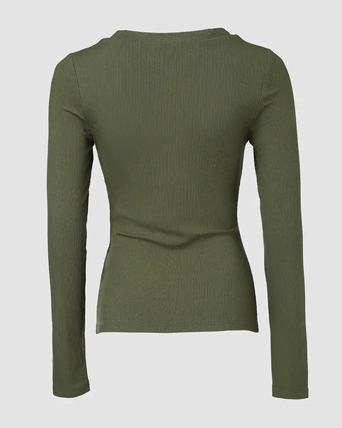 ChicMe Built-in Bra U-Neck Long Sleeve Ribbed Top Army green
