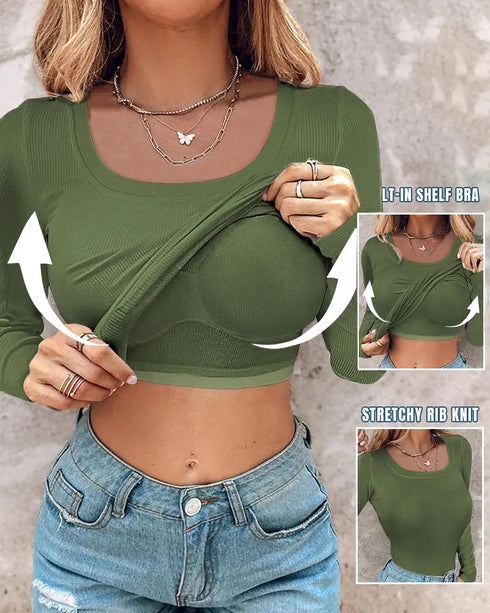 ChicMe Built-in Bra U-Neck Long Sleeve Ribbed Top Army green