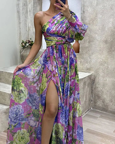 Lantern Sleeve One Shoulder High Slit Floral Maxi Dress purple