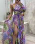 Lantern Sleeve One Shoulder High Slit Floral Maxi Dress purple