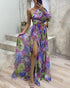 Lantern Sleeve One Shoulder High Slit Floral Maxi Dress purple