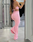 2 Piece Waffle Knit Halter Backless Crop Top High-Waisted Drawstring Wide Leg Casual Pants Set light pink