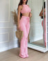 2 Piece Waffle Knit Halter Backless Crop Top High-Waisted Drawstring Wide Leg Casual Pants Set light pink